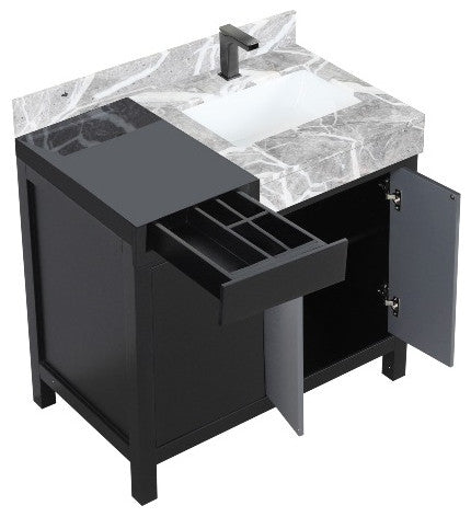 Zilara 36" Black and Grey Vanity, Castle Grey Marble Top, and Faucet Set