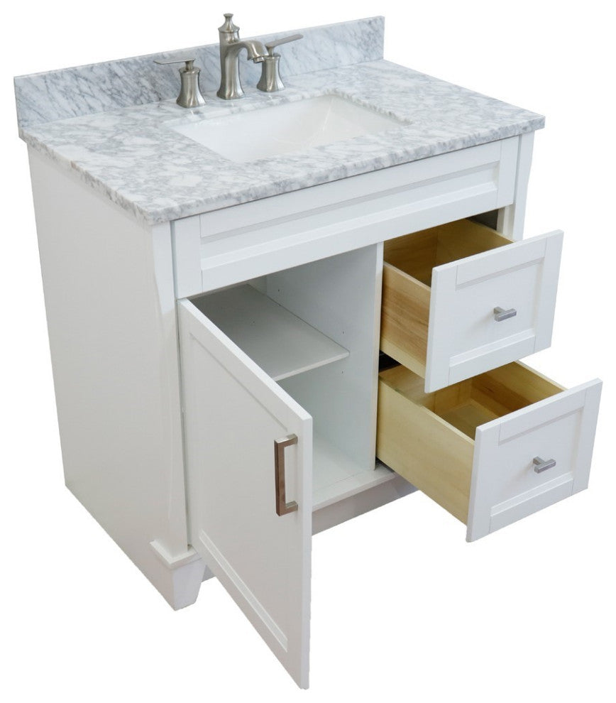 37" Single Sink Vanity, White Finish With White Carrara Marble