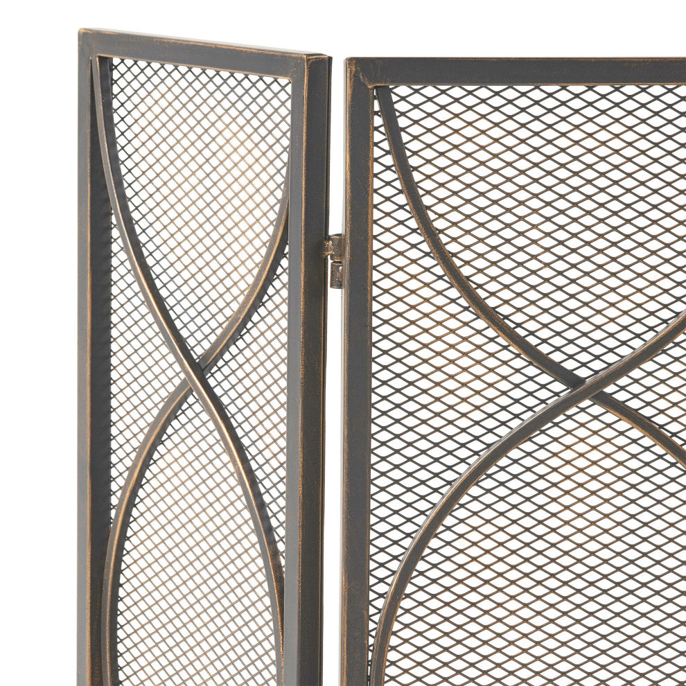 Laylah Modern Three Panel Iron Firescreen, Black Gold Finish