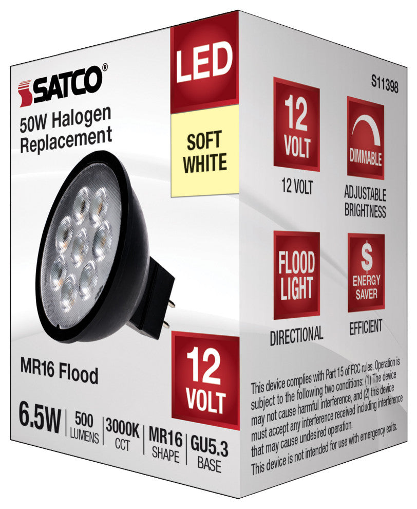 6.5W MR16 LED, Black Finish, 3000K, GU5.3 Base, 500 Lumens, 12V