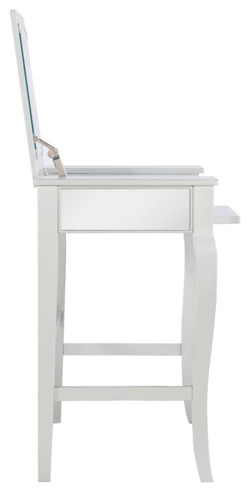 Elegant Vanity Set, Curvy Front Legs, Flip Up Mirror & Mirrored Accents, Silver