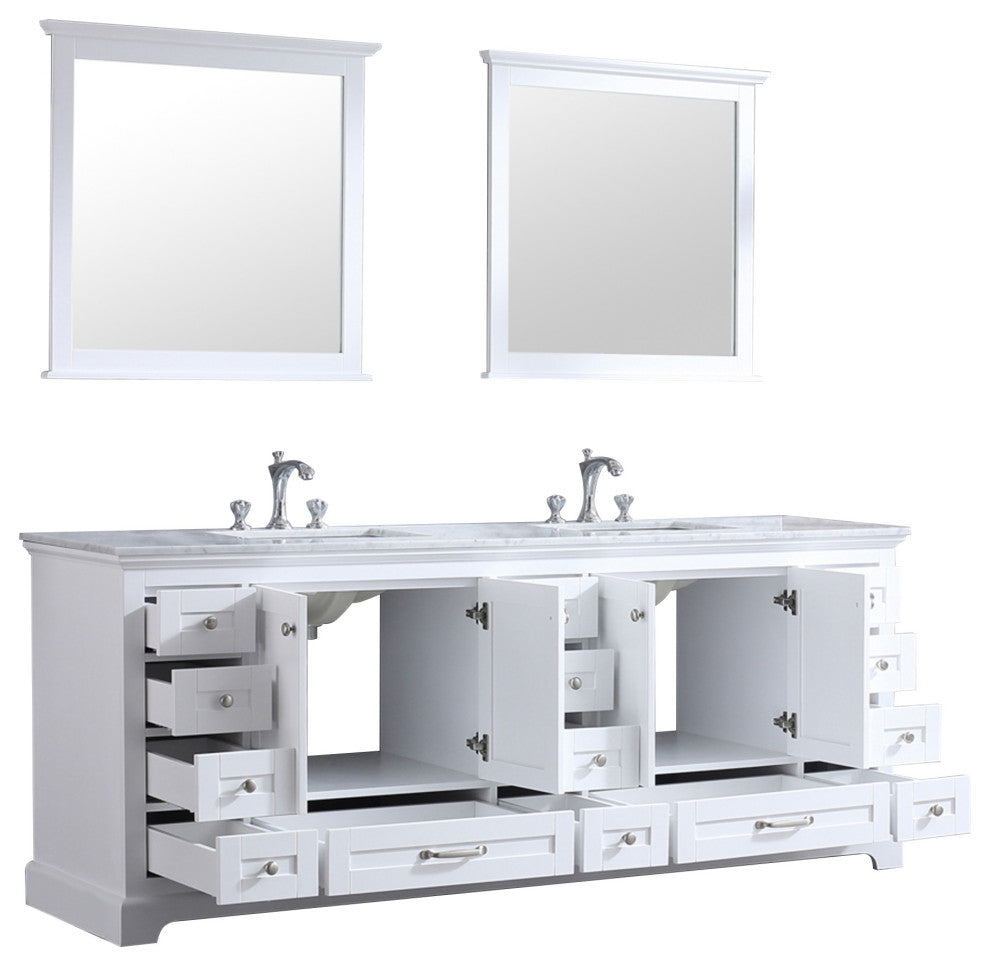 Dukes 84" Double Vanity, Carrara Marble Top, Square Sinks, 34" Mirrors & Faucets