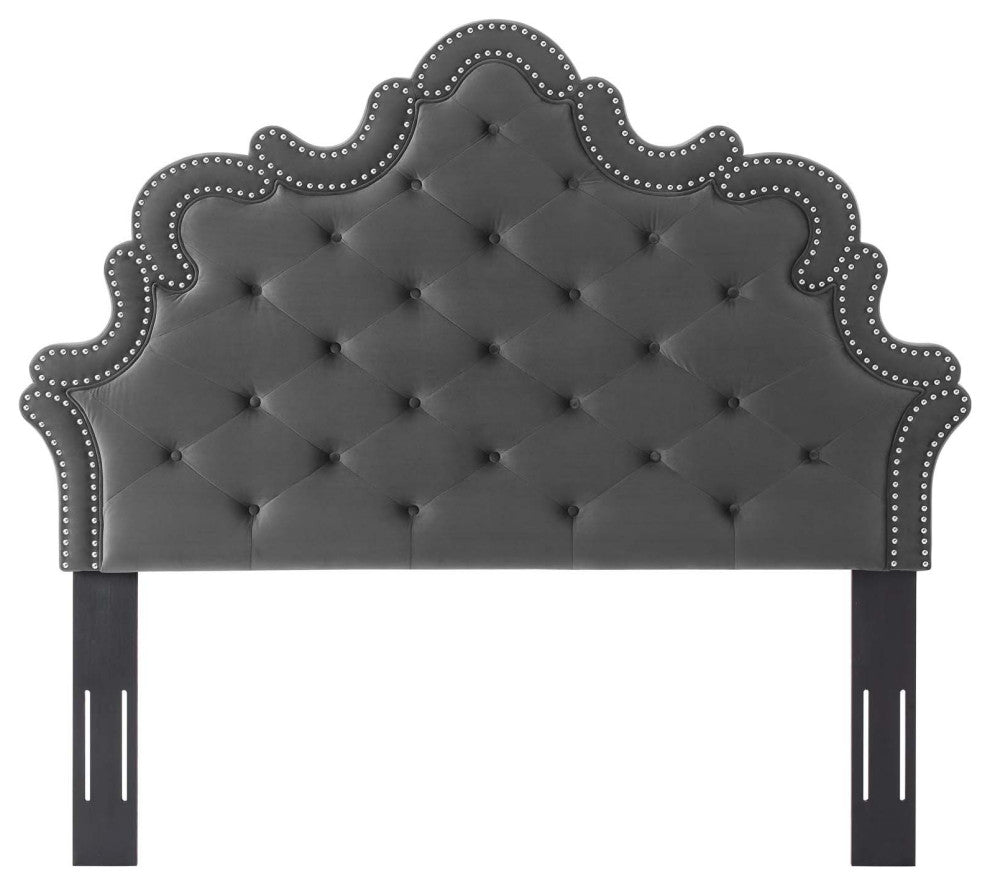Tufted Headboard, Nailhead, Twin, Charcoal Gray, Velvet, Modern