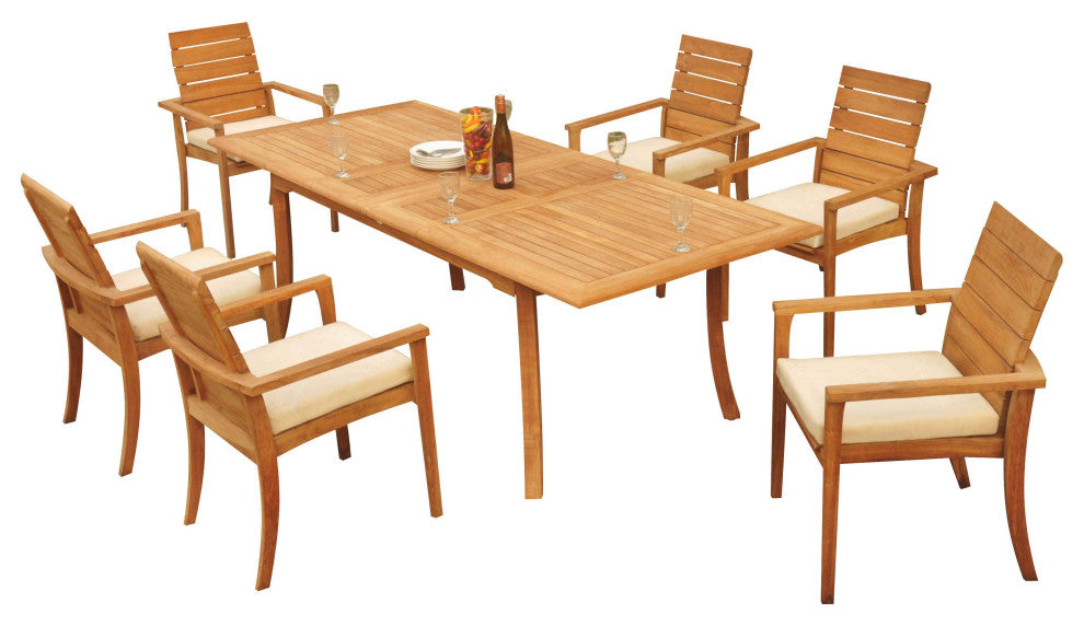 7-Piece Outdoor Teak Dining Set: 94" Rectangle Table, 6 Alps Stacking Arm Chairs