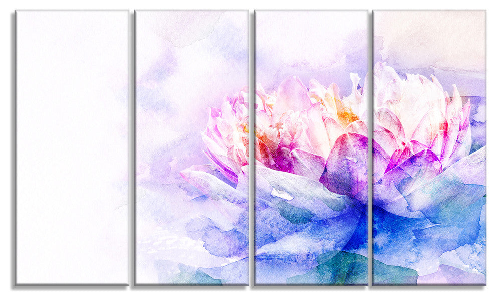 Blue Flower Watercolor, Floral Canvas Art print, 48"x28", 4 Panels