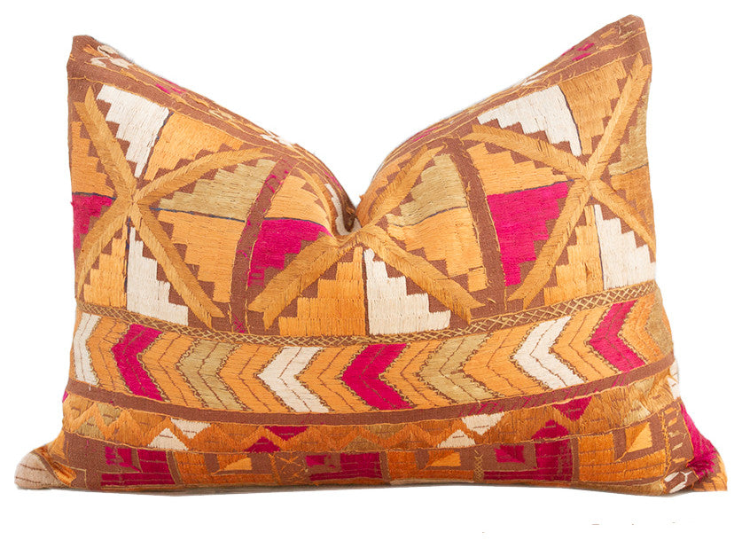 Vivid Orange Silk Phulkari Pillow