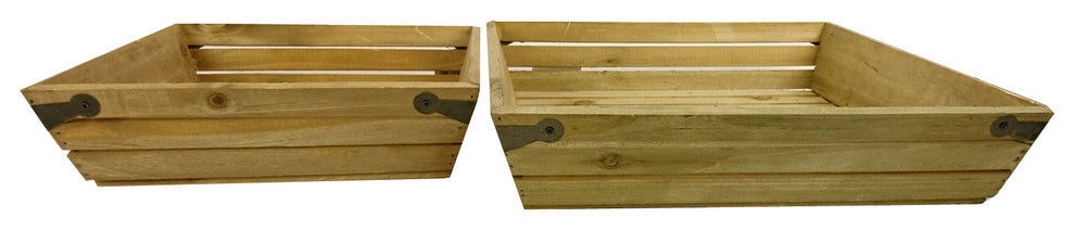 Set Of 2 Natural Wood Large And Small Square Crate With Metal Corner Design