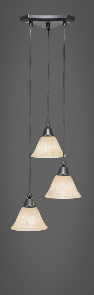 Europa 3-Light Cluster Pendalier, Matte Black/Italian Marble