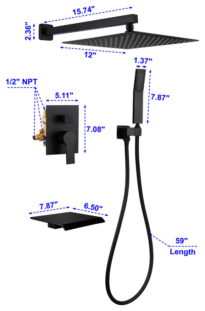 Wellfor Shower Faucet Set, 12" Rain Shower Head With Handheld Combo Set