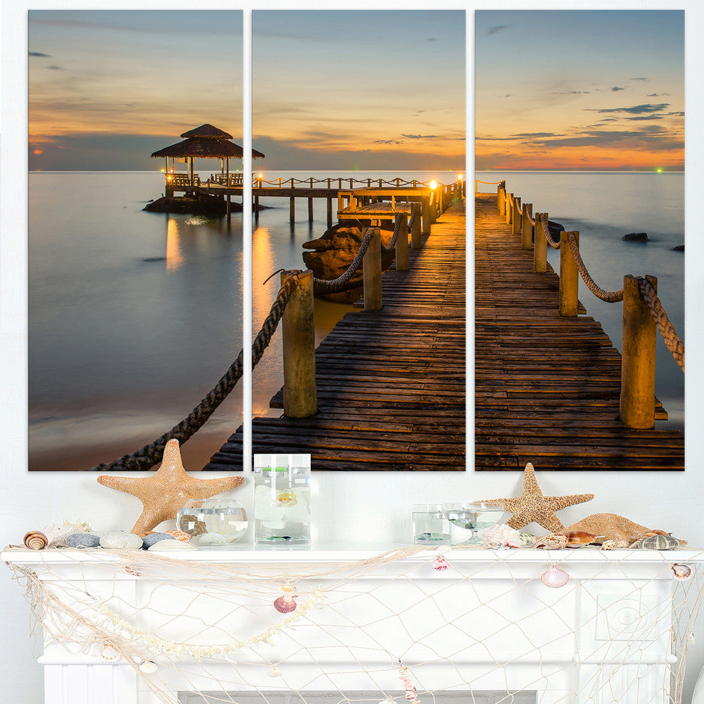 "Brown Wooden Pier in Evening" Photo Canvas Print, 3 Panels, 36"x28"