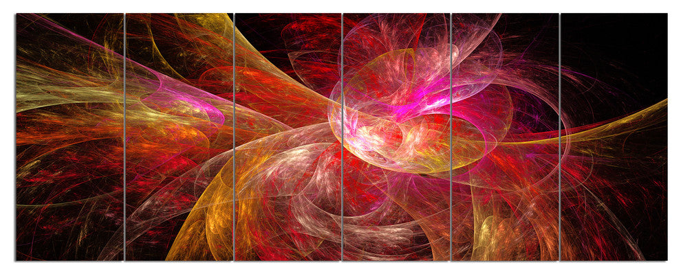 Pink on Black Fractal Illustration, Abstract Canvas Art Print, 70"x28", 6 Panels