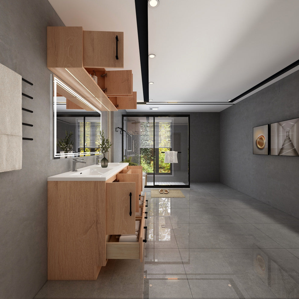 Victoria 60" Solid Wood Vanity Double Sink, Overhead Cabinet, Red Oak