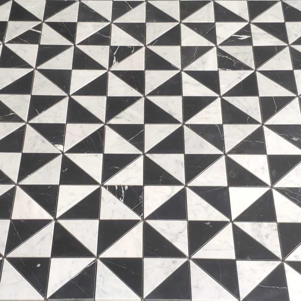 Carrara White Nero Marquina Black Marble Windmill Triangle Mosaic Tile, 1 sheet