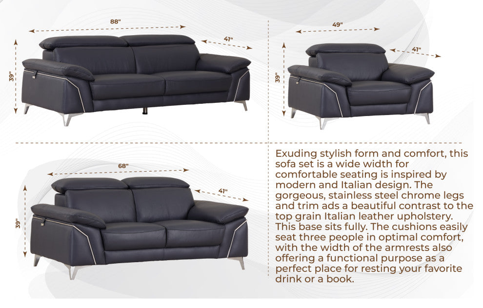 Lazio Contemporary Genuine Italian Leather Sofa Navy