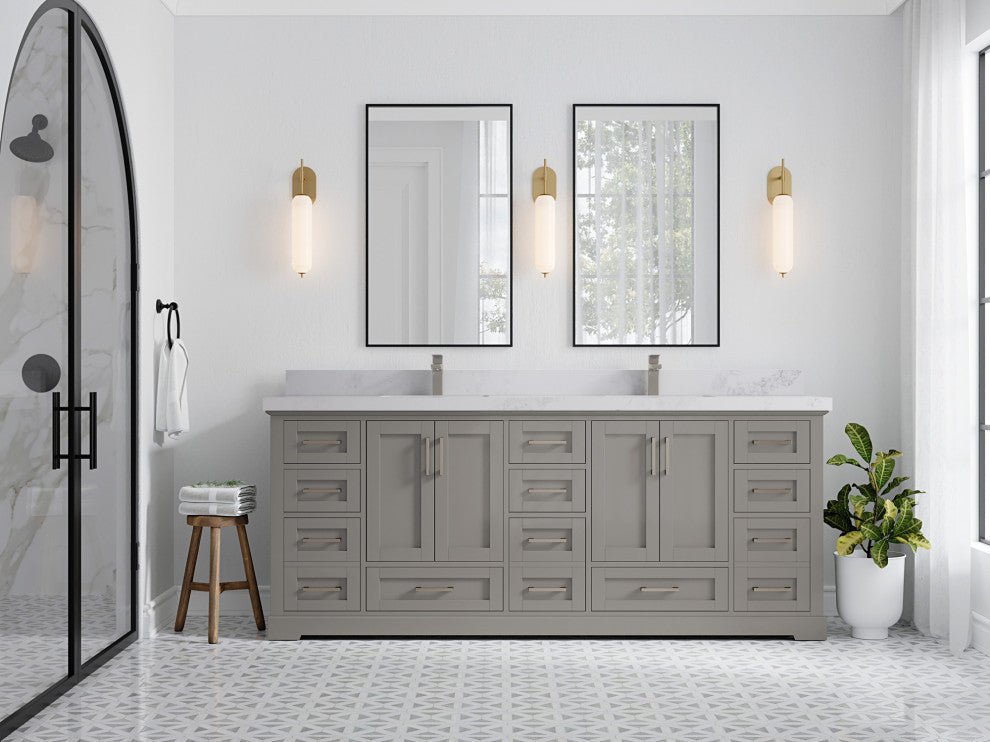 Boston 84 Double Sink Bath Vanity in Elephant Skin Gray 2" Calacatta Nuvo