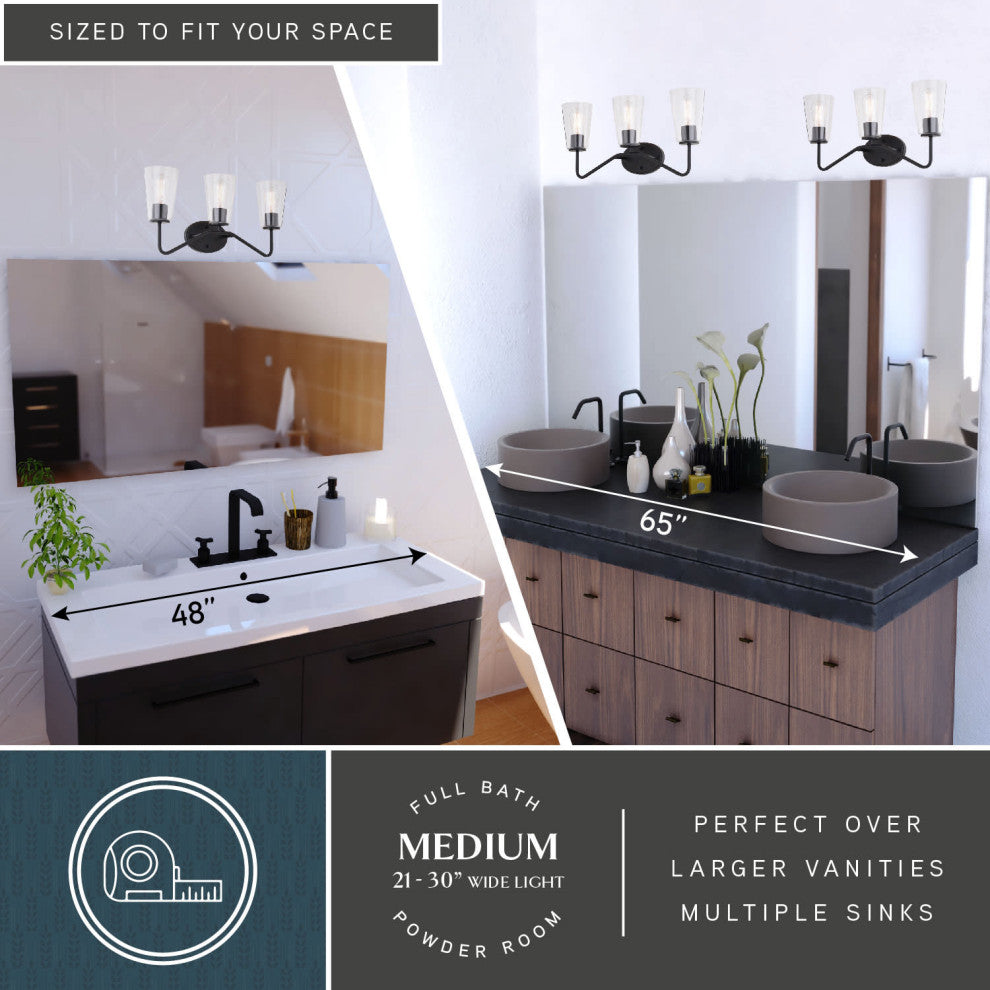 Beverly 3 Light Matte Black Bathroom Vanity Fixture Clear Glass, LED Compatible