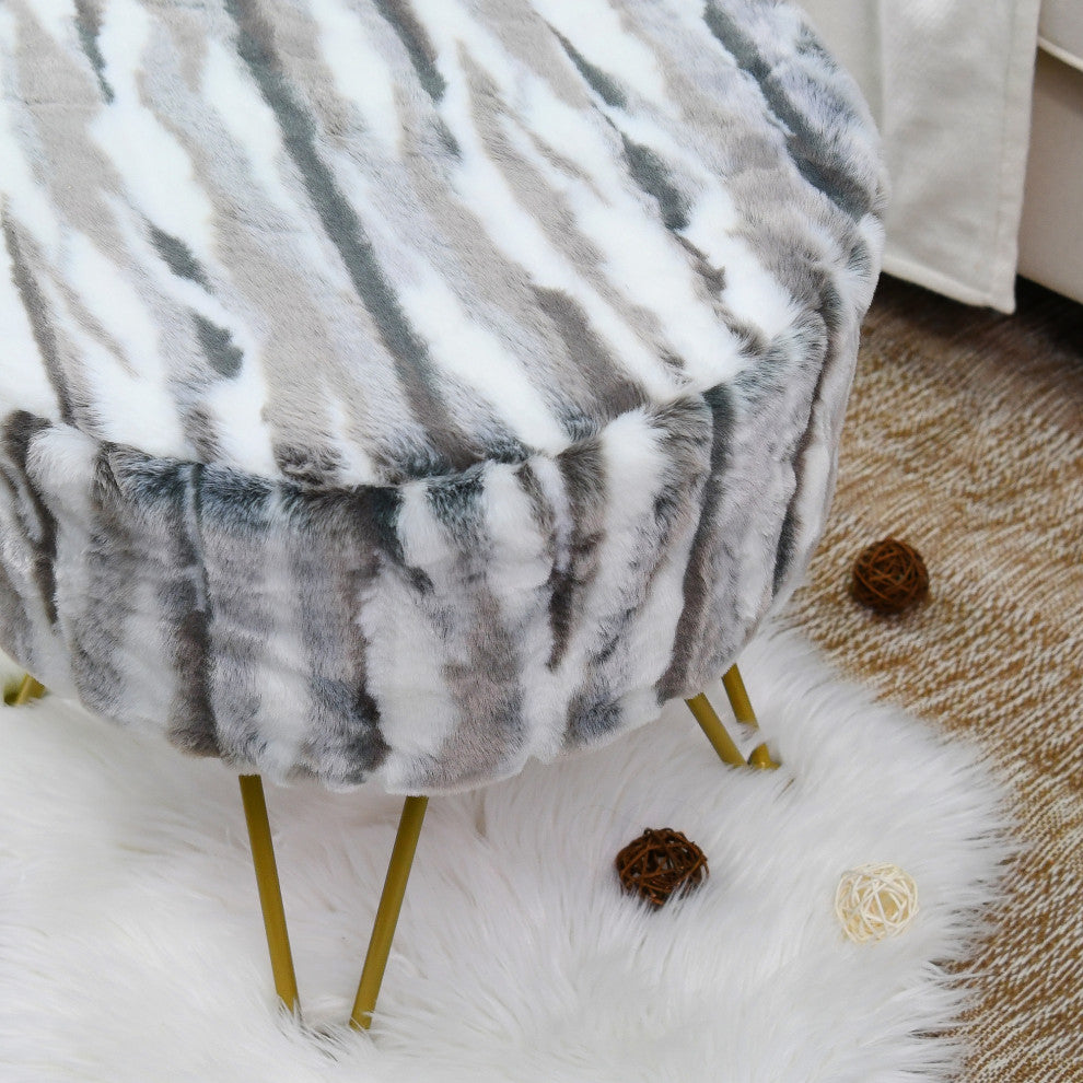 Multi Jacquard Faux Fur Round Ottoman, Grey, 18"x18"x8"
