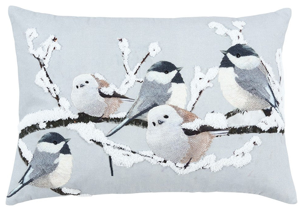 Gray Winter Birds Decorative Lumbar Throw Pillow