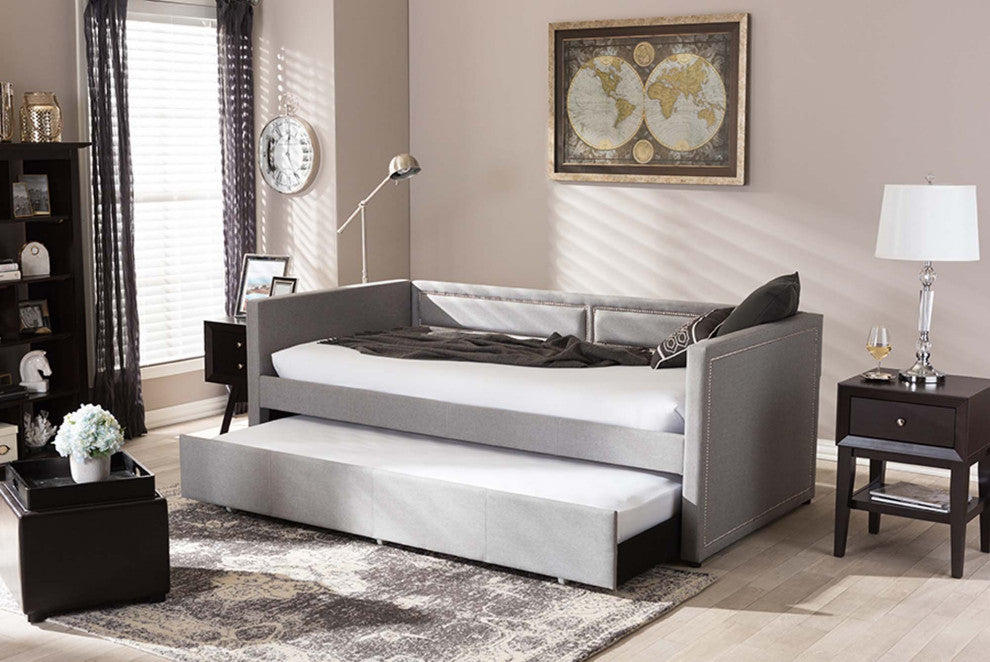 Keegan Linen Fabric Nail Heads Trimmed Sofa Twin Daybed With Trundle, Gray