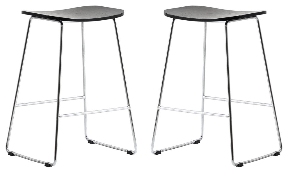 LeisureMod Melrose Modern Wood Counter Stool With Chrome Base Set of 2, Black