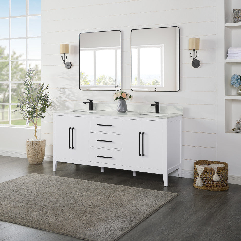 Laurel Bathroom Vanity with Calacatta White Quartz Stone Countertop, White, 72", With Mirror