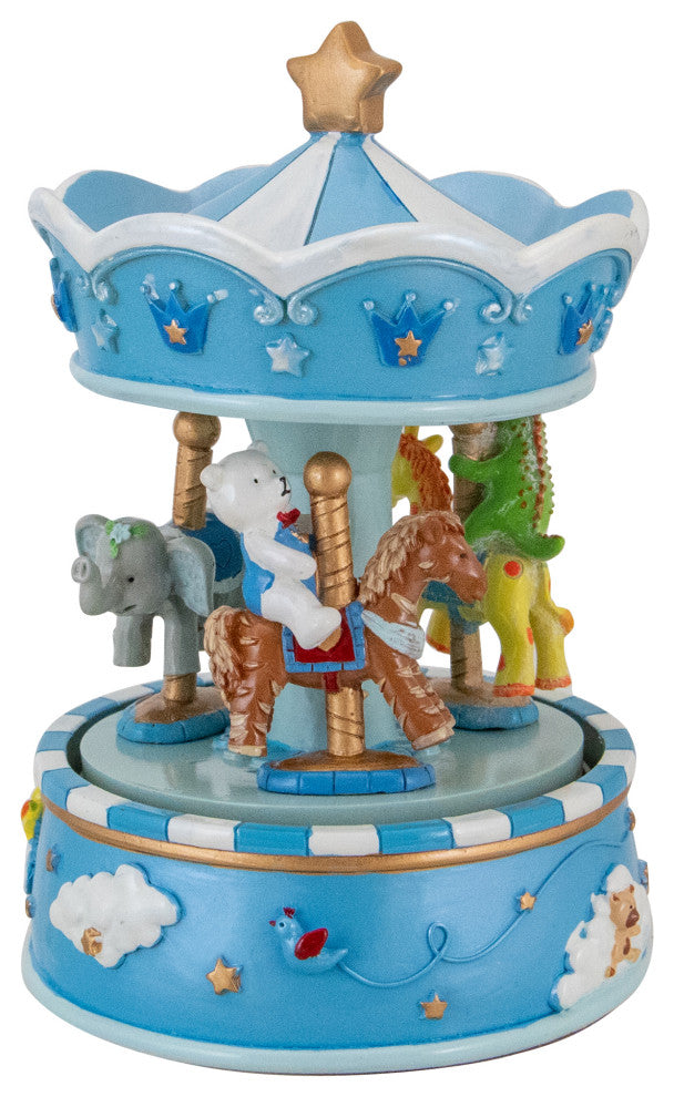 6.5" Children''s Blue Rotating Sleepy Time Animal Friends Carousel Music Box