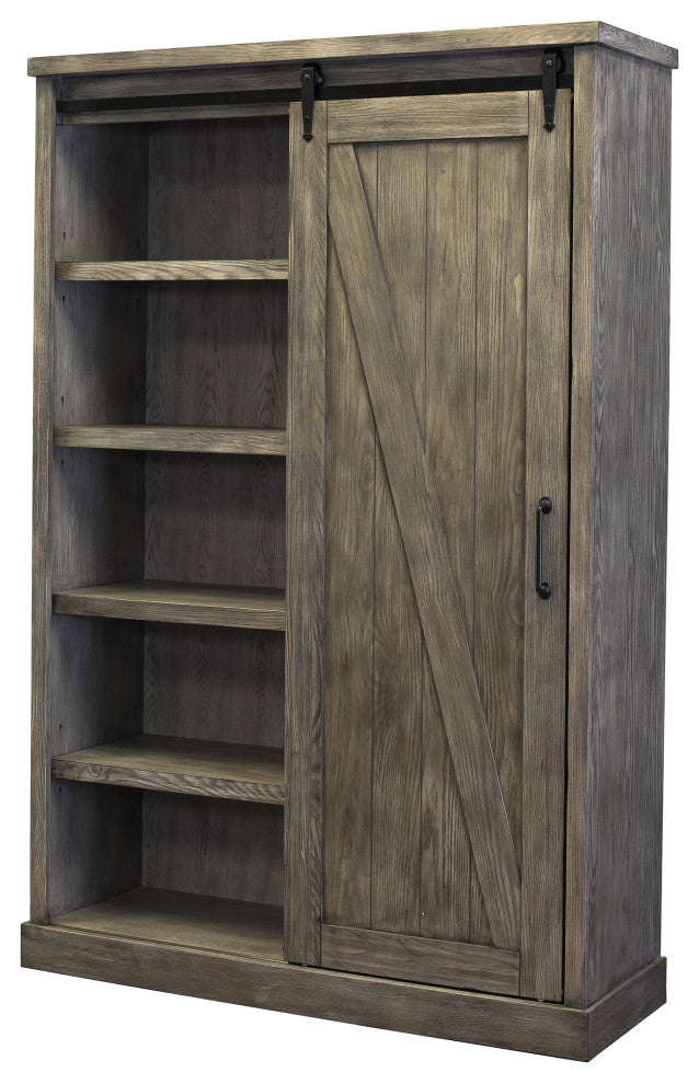 Avondale Barn Door Bookcase Wood Shelving Fully Assembled Gray