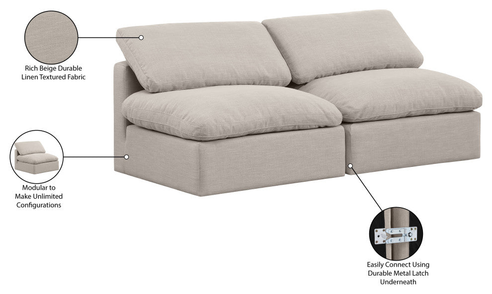 Indulge Upholstered Modular Sofa, Beige, 2-Piece: 2 Armless Chair, Down Stuffed Linen Textured Fabric