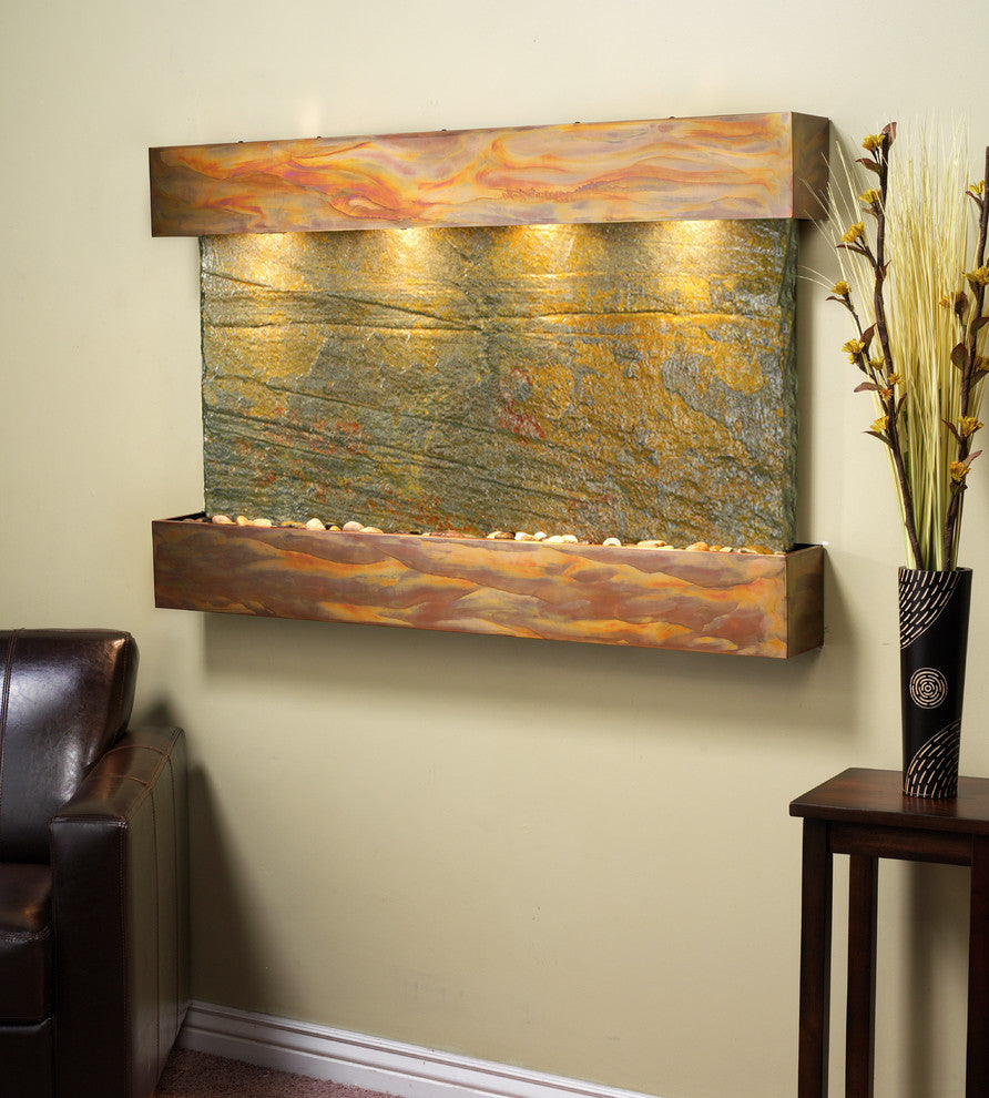 Sunrise Springs water fountain, Natural Green Slate, Rustic Copper, Square