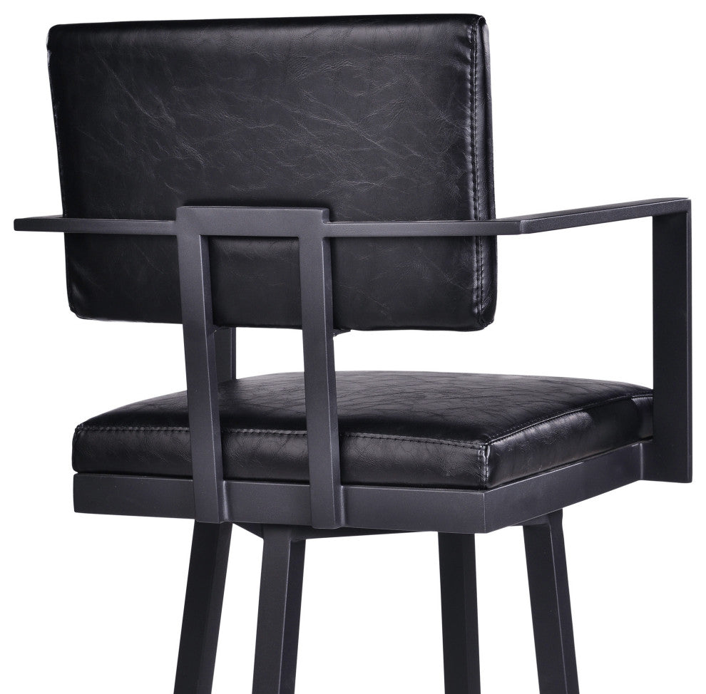 30" Vintage Black on Black Faux Leather Rectangular Swivel Barstool