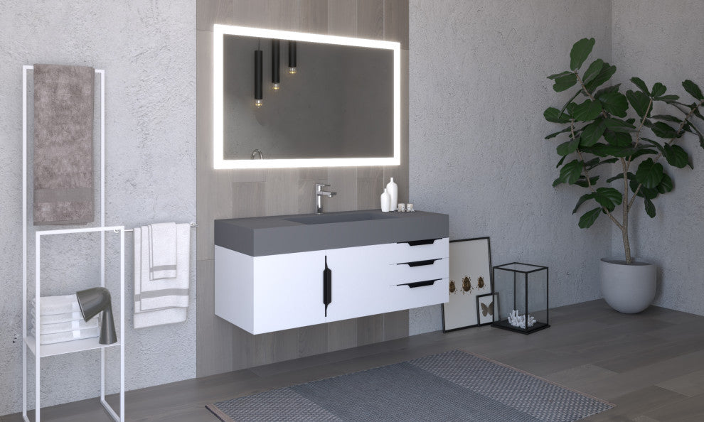 CastelloUSA Amazon 48" Wall Mounted Vanity Set, White, Gray Top, Black Handles