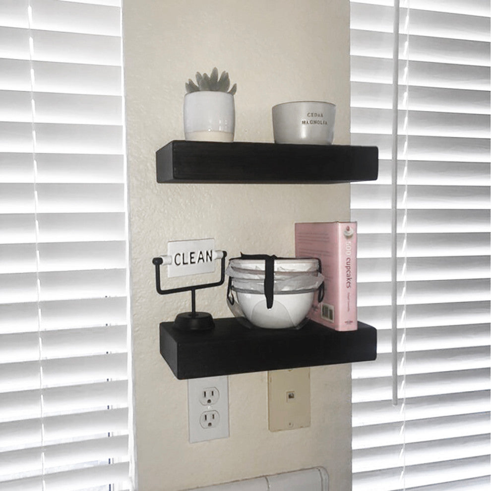 Rustic Floating Mountable Wood Shelf 3" Thick x 7" Deep, Pine, Black, 12"