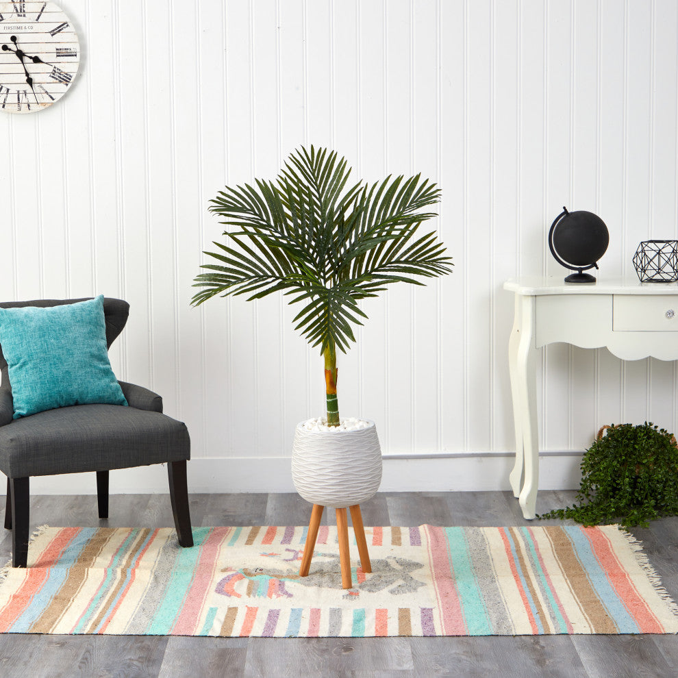 4.5' Golden Cane Artificial Palm Tree, White Planter With Stand