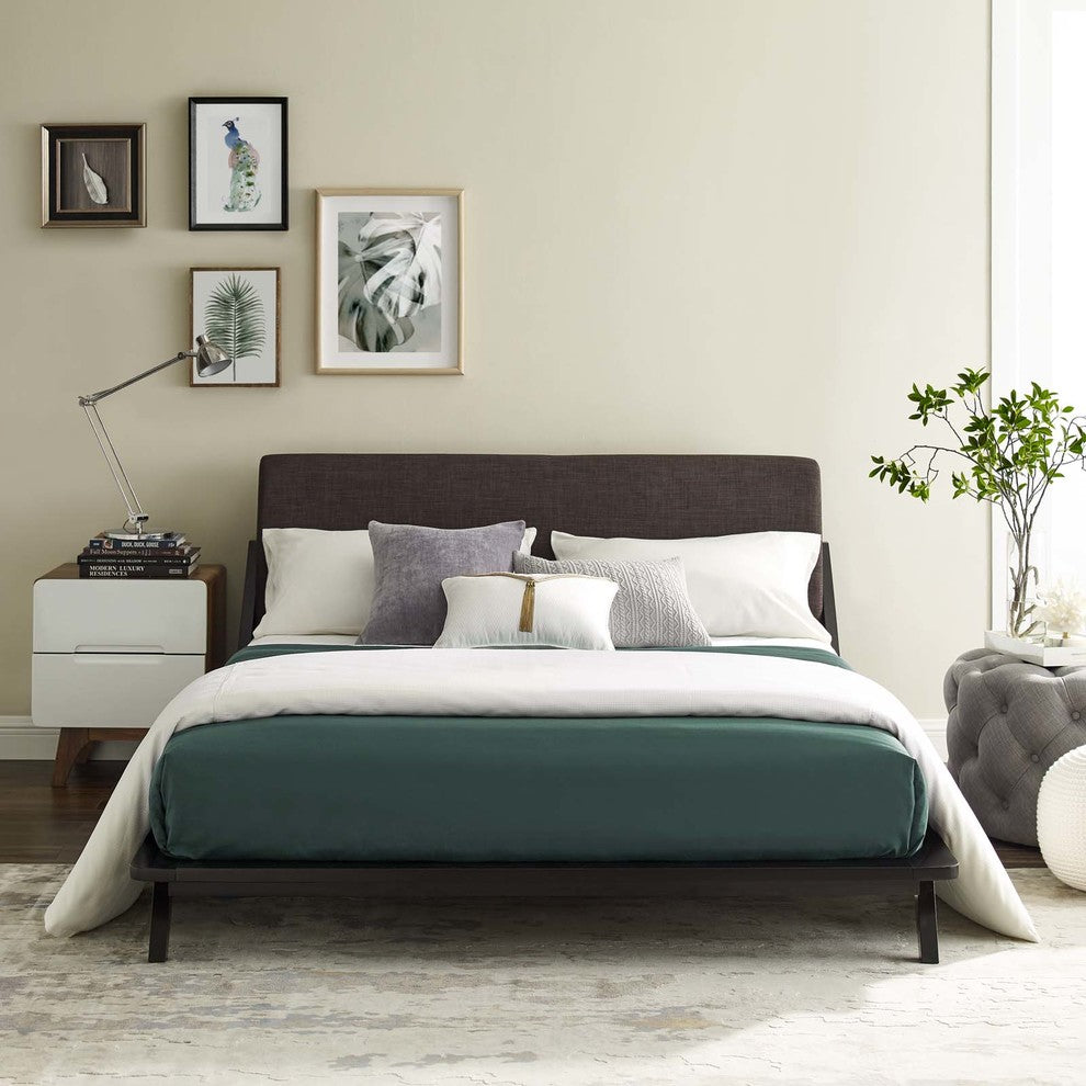 Luella Queen Upholstered Fabric Platform Bed, Walnut Brown