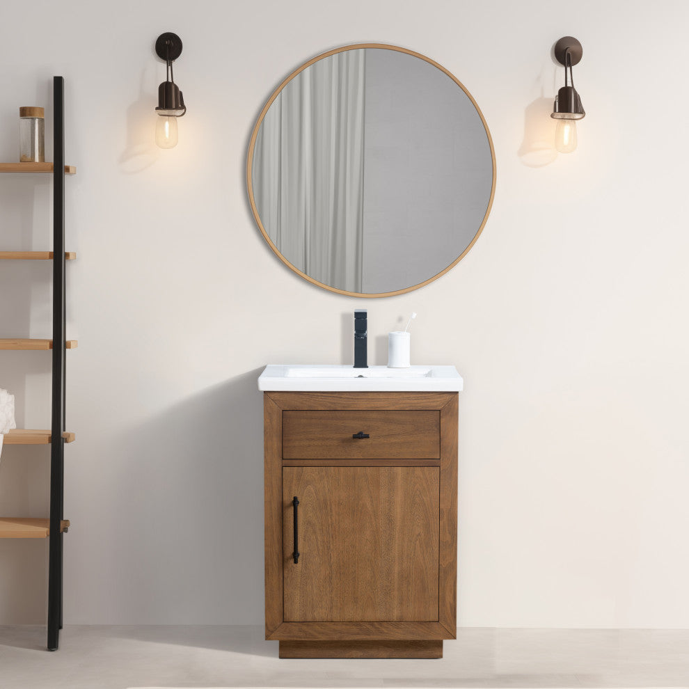 Vanity Art Bathroom Vanity With Sink, Tan, 24" Single, White Ceramic Top