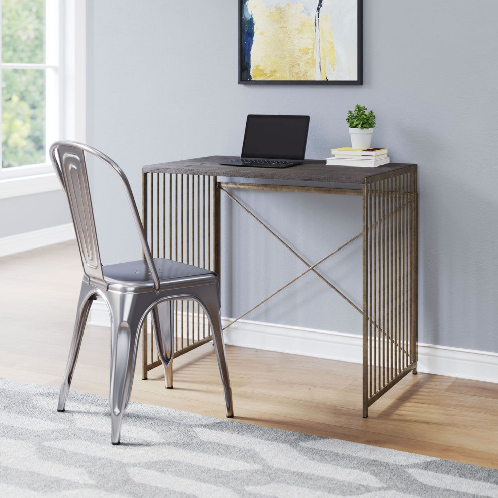 Computer Desk, Steel Metal, Wood, Gray, Antique Gold, Home Business Office