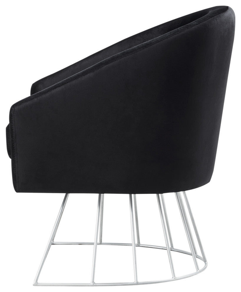 Alice Velvet Barrel Accent Chair With Metal Base, Black and Silver