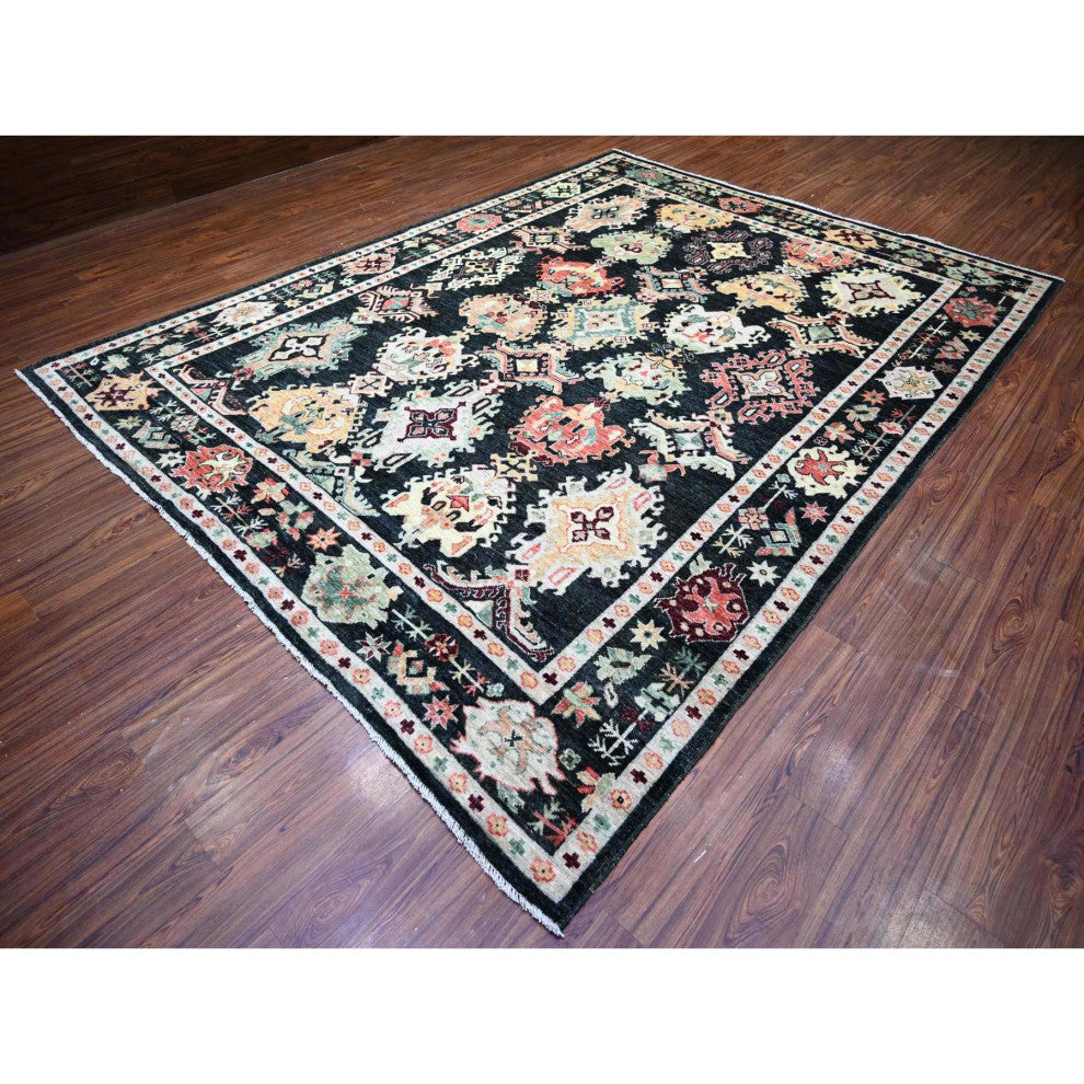Gunmetal Black Afghan Angora Oushak Wool Hand Knotted Oriental Rug 9'x11'11"