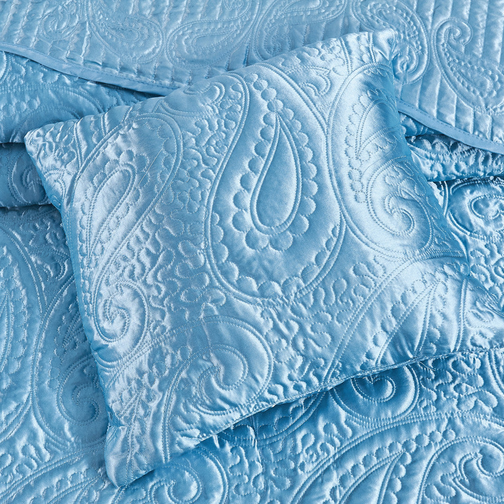 Matte Satin Quilted 4 Piece Bedspread Set, Aquatic, Queen