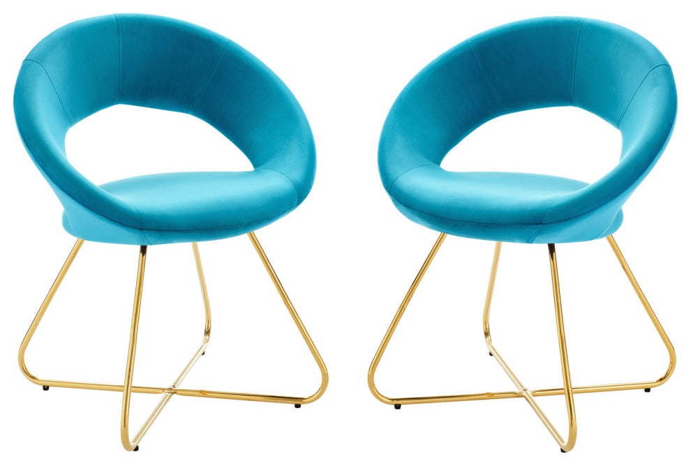 Side Dining Chair, Set of 2, Gold Blue, Velvet, Modern, Cafe Bistro Hospitality