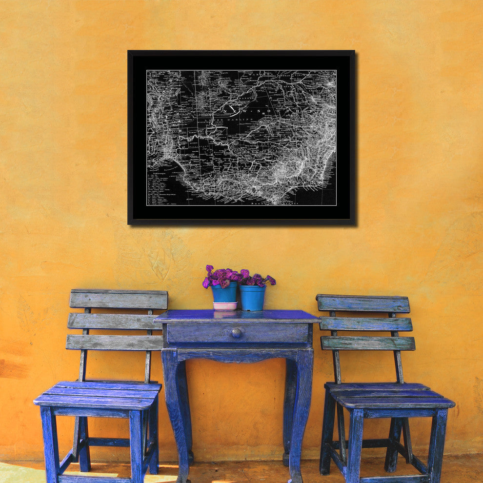 Australia Old Monochrome Map Print On Canvas With Black Custom Frame, 16" X 21"