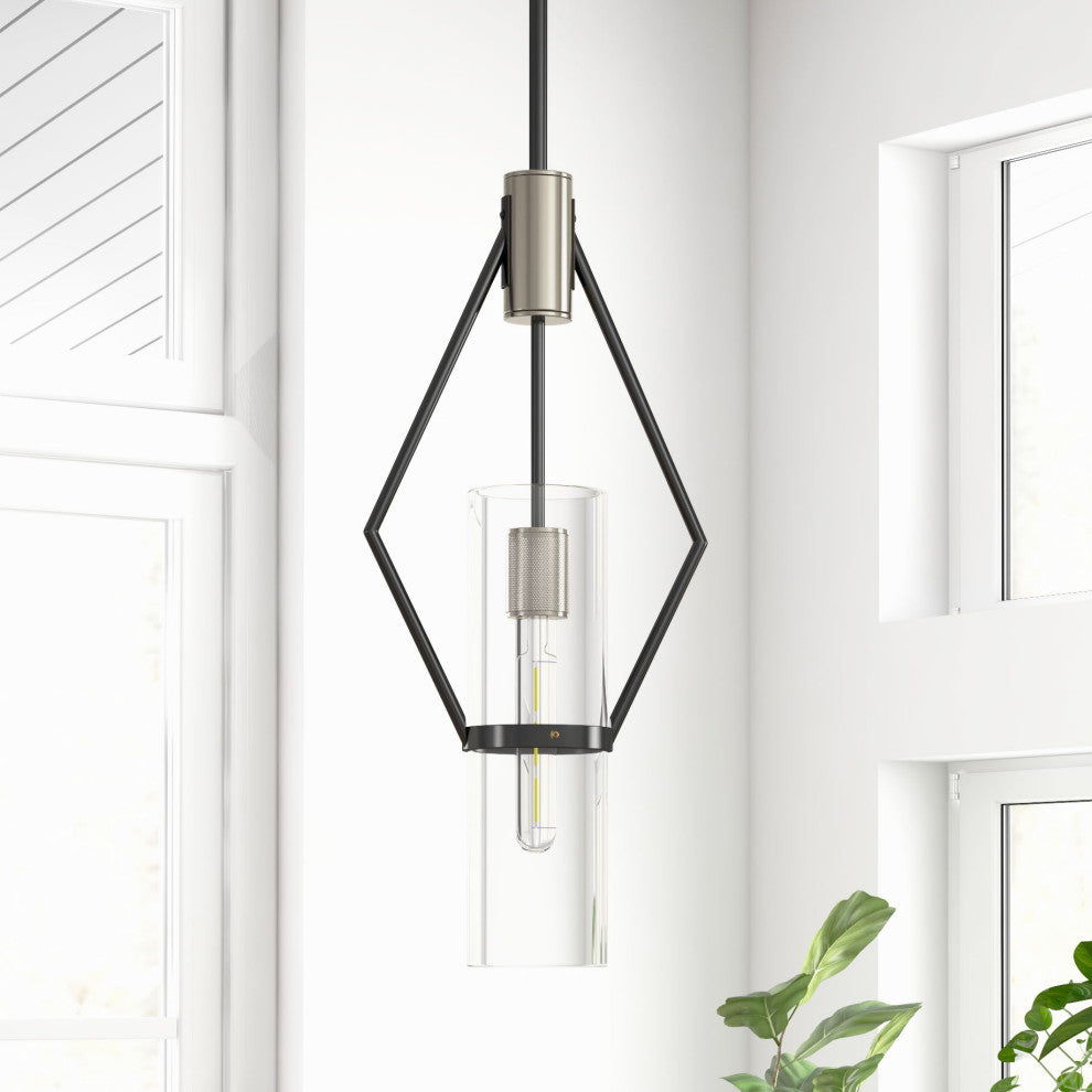 Everly Single Light Metal and Glass Pendant, Black and Chrome