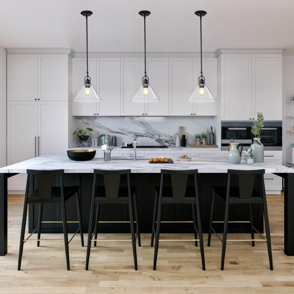 1-Light Matte Black 12 in. Pendant With Clear Cone Glass Shade