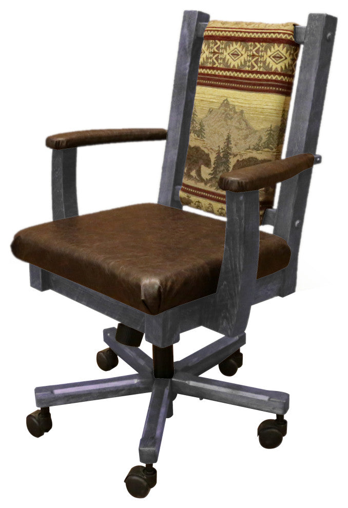 Barnwood Style Timber Peg Upholstered Office Chair, Smokey Gray, Bear Run and Quarter Espresso