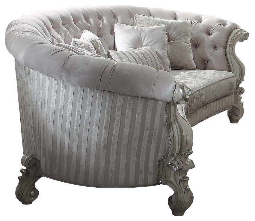 55" Ivory Velvet Curved Floral Sofa And Toss Pillows With Gray Legs