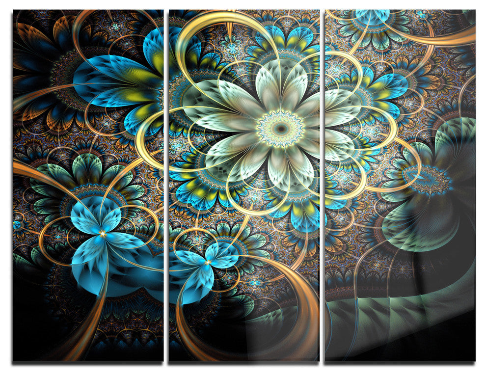 "Lighted Blue Fractal Blue Flowers" Digital Metal Wall Art, 3 Panels, 36"x28"