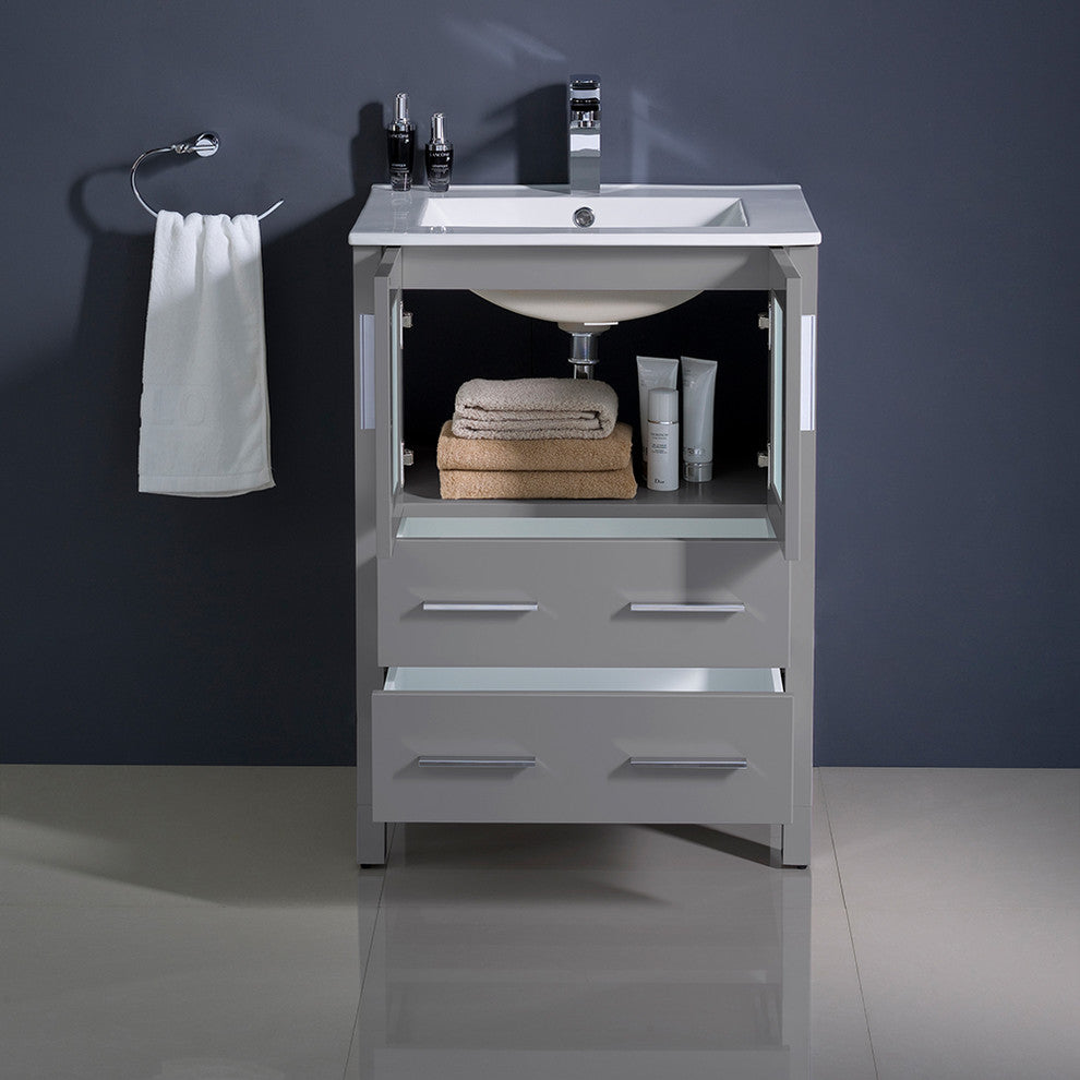 Torino Modern Bathroom Cabinet With Integrated Sink, Gray, 24"