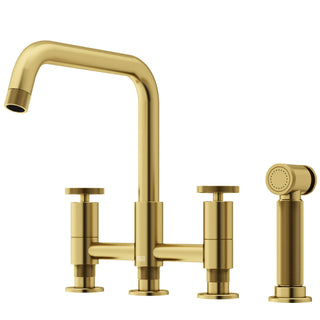 VIGO Cass 12" H 2-Handle Widespread Bridge Pull-Out Sprayer Kitchen Faucet, Matte Brushed Gold