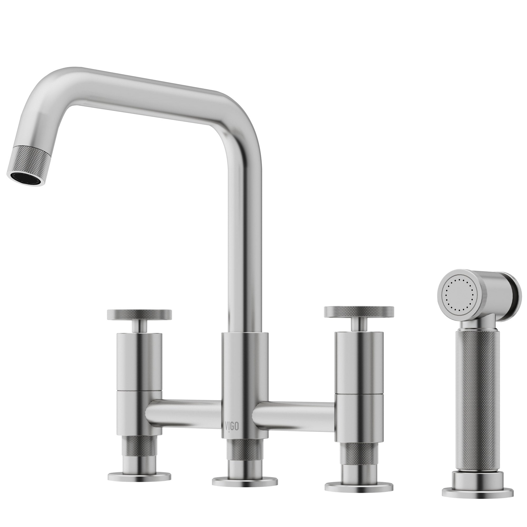 VIGO Cass 12" H 2-Handle Widespread Bridge Pull-Out Sprayer Kitchen Faucet, Stainless Steel