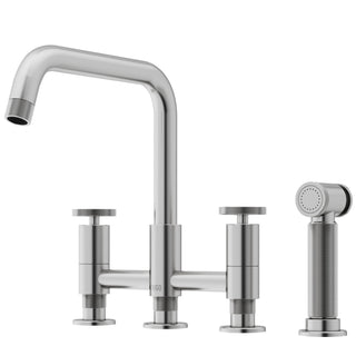 VIGO Cass 12" H 2-Handle Widespread Bridge Pull-Out Sprayer Kitchen Faucet, Stainless Steel